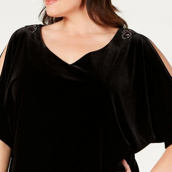 New! ALEX EVENINGS Embellished Shoulder Velvet Black Top Blouse Plus Size - Picture 2 of 7